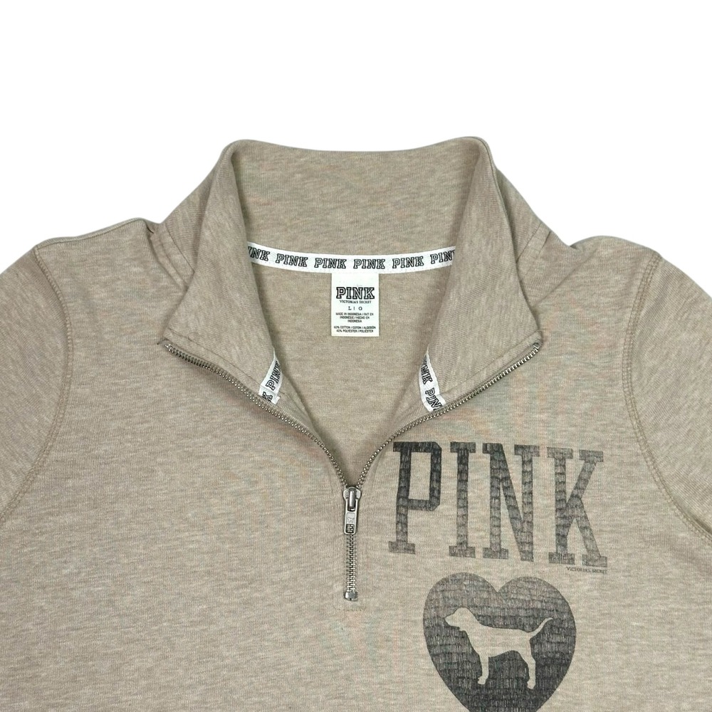 Victoria's Secret PINK Quarter Zip Pullover Oatmeal Heather Heart Dog Logo Large - Picture 3 of 7